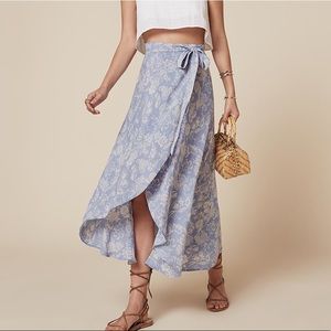 Reformation Blue Floral Wrap Skirt M
